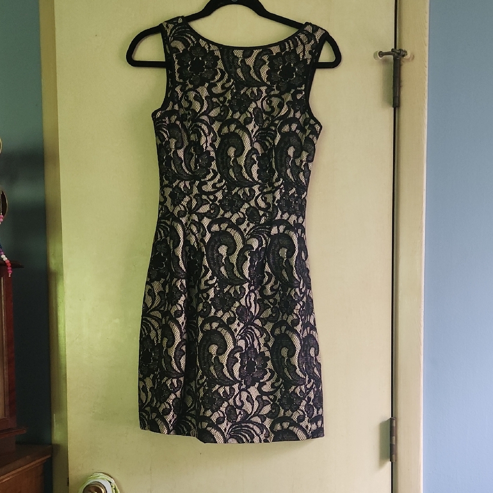 Aidan Mattox Black and Cream Sheath Mini Dress